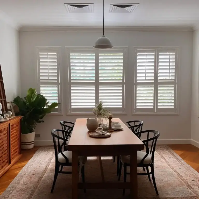 Bright dining room with a long wooden table, six black chairs, and a white pendant light, windows with shutters along the back wall, and a potted plant to the left beneath a woven rug.